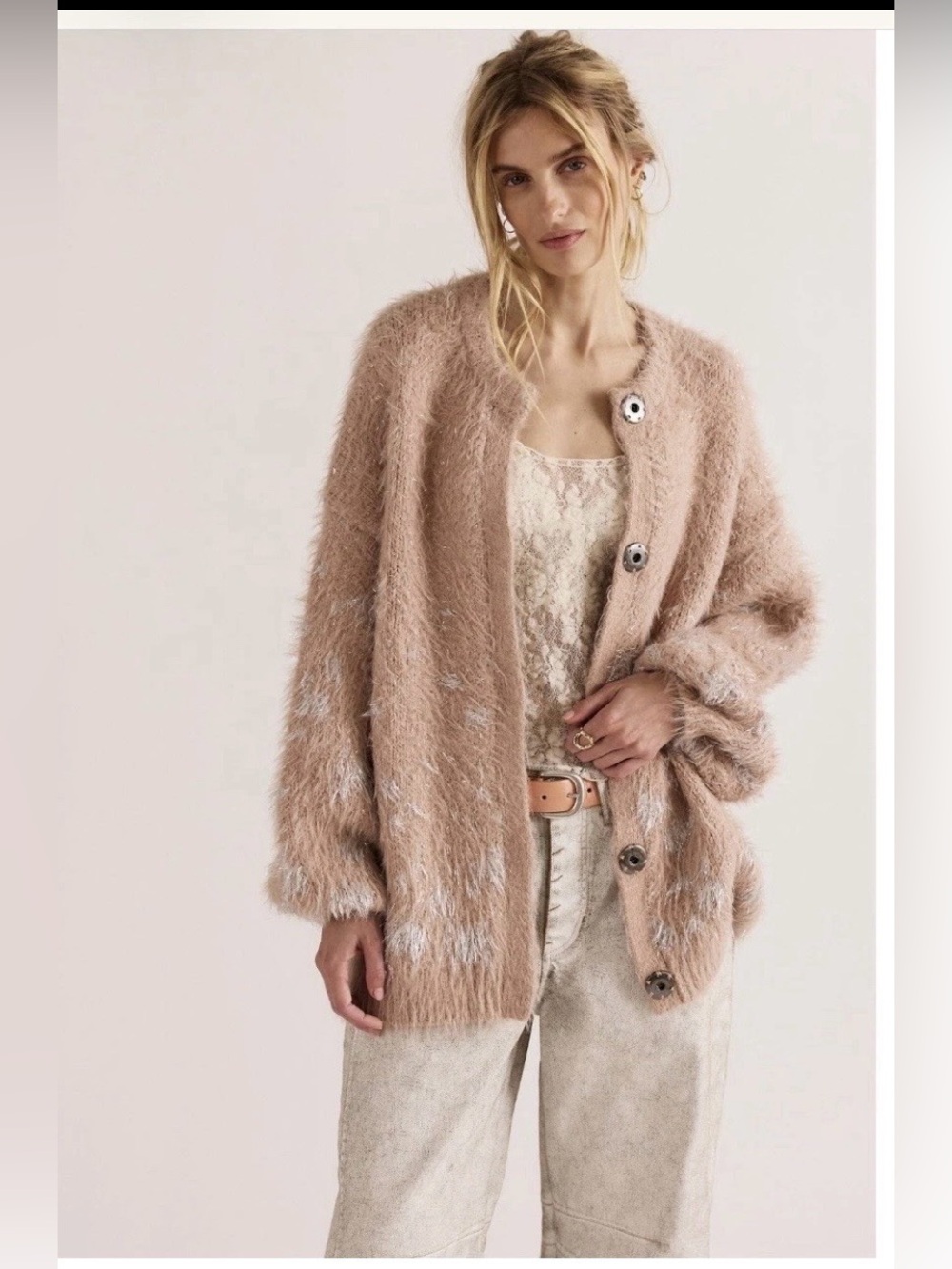 New Free People Wish Fuzzy Snap Cardigan Sweater- pink